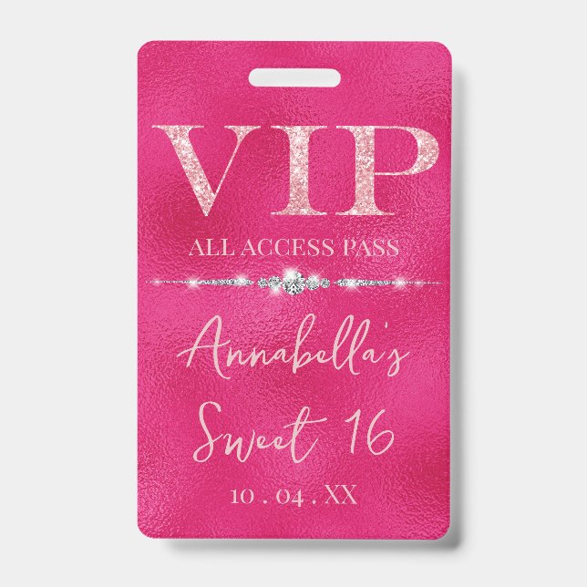Glamourous Pink Glitter VIP ID Badge (Front)
