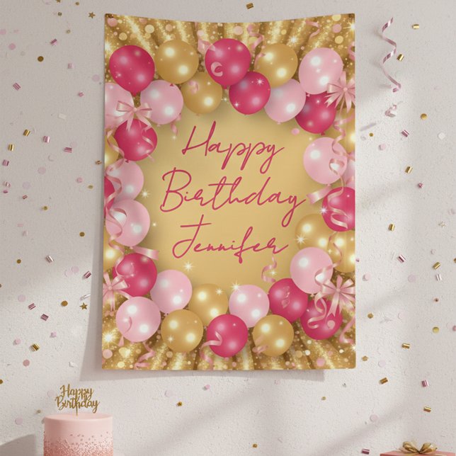 Glamourous Pink Gold Balloons Glitter Birthday Banner (Creator Uploaded)