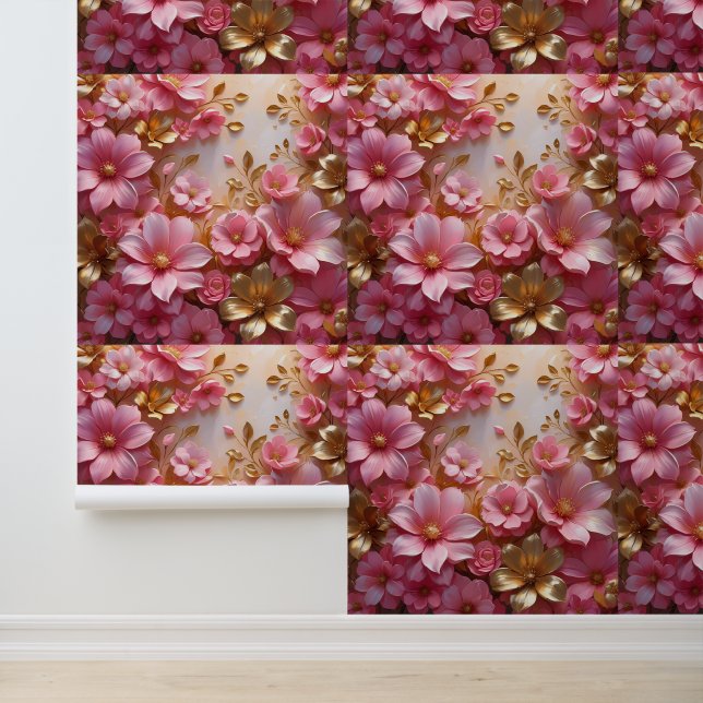 Glamourous Pink Gold Flower Peel and Stick Wallpaper (Application)
