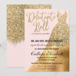 Glamourous Pink Gold Glitter Dress Debutante Dance Invitation