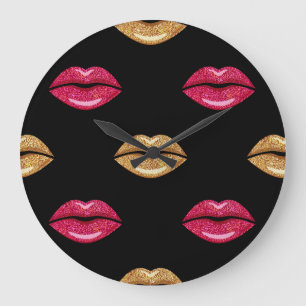Glamourous Pink Gold: Shimmering Lipstick Pattern Large Clock