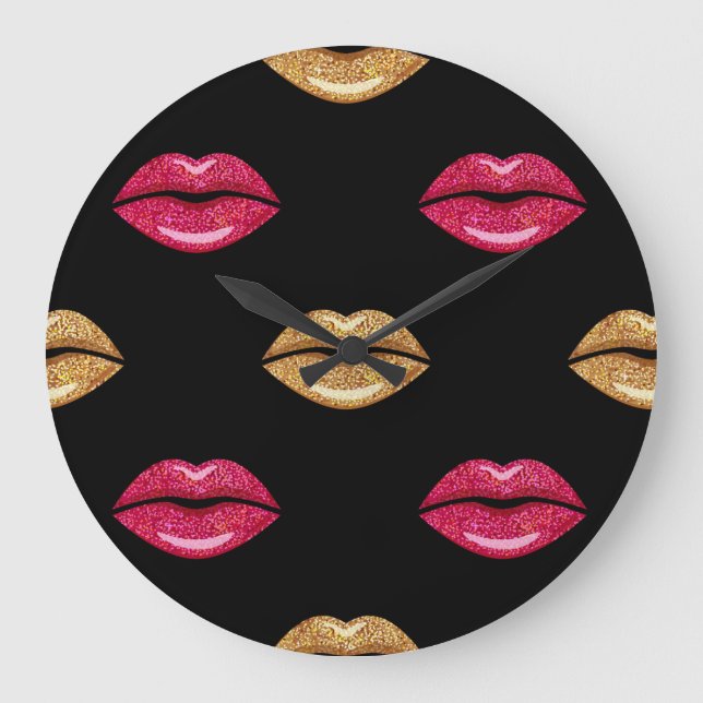 Glamourous Pink Gold: Shimmering Lipstick Pattern Large Clock (Front)