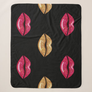 Glamourous Pink Gold: Shimmering Lipstick Pattern Sherpa Blanket
