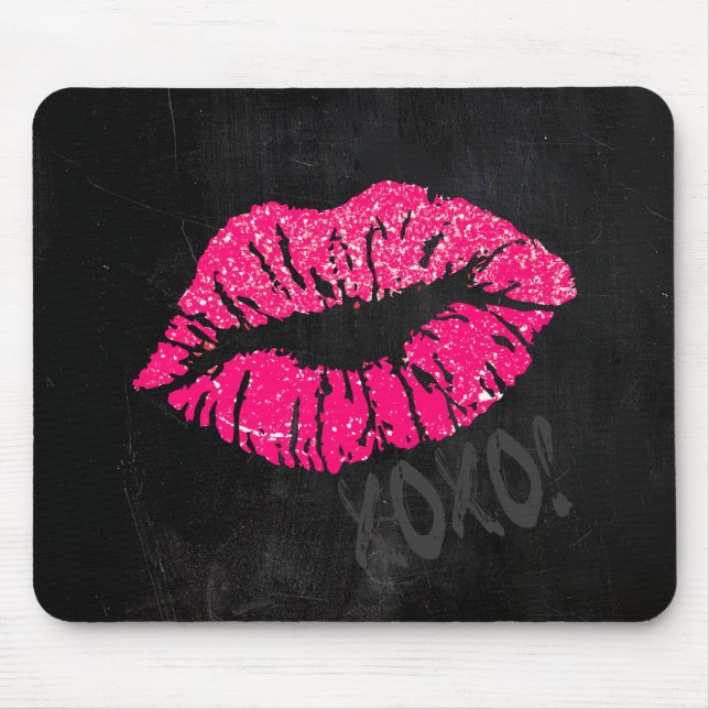 Glamourous Pink Kissy Lips with XOXO on Black Mouse Pad (Front)