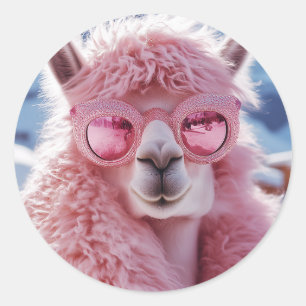 Glamourous Pink Llama - Winter Fashion Icon Classic Round Sticker