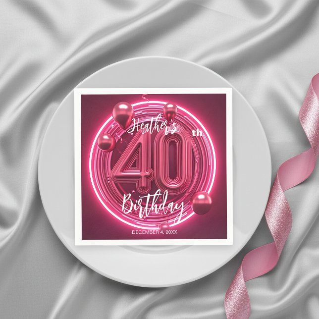 Glamourous Pink Magenta Neon Glow 40th Birthday Napkin (Creator Uploaded)
