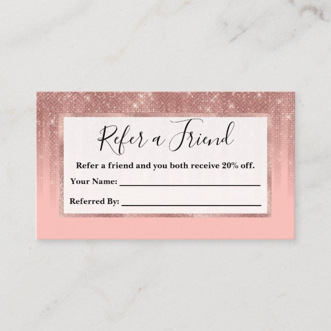 Glamourous Pink Rose Gold Glitter Striped Gradient Referral Card (Front)