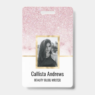 Glamourous Pink White Glitter Marble Gradient Ombr ID Badge