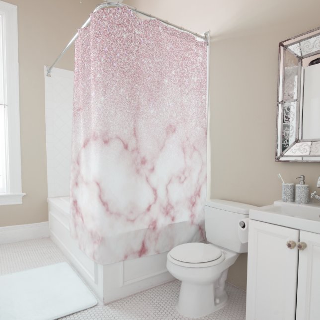 Glamourous Pink White Glitter Marble Gradient Ombr Shower Curtain (In Situ)