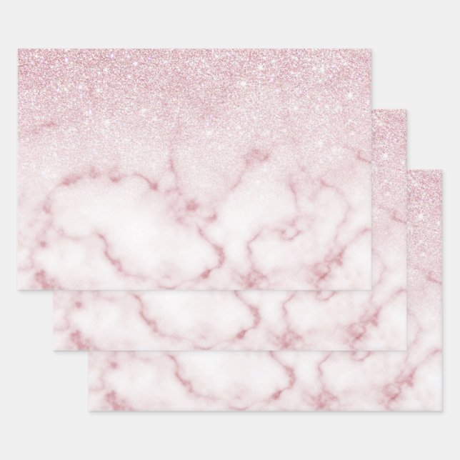 Glamourous Pink White Glitter Marble Gradient Ombr Wrapping Paper Sheet (Set)