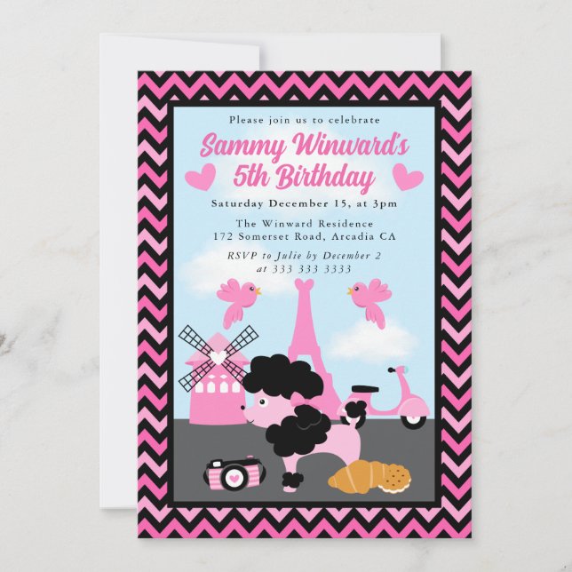 Glamourous Poodle Dog in Paris Kids Birthday  Invitation (Front)