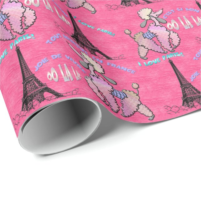 Glamourous Poodle in Paris on Strawberry Pink Wrapping Paper (Roll Corner)