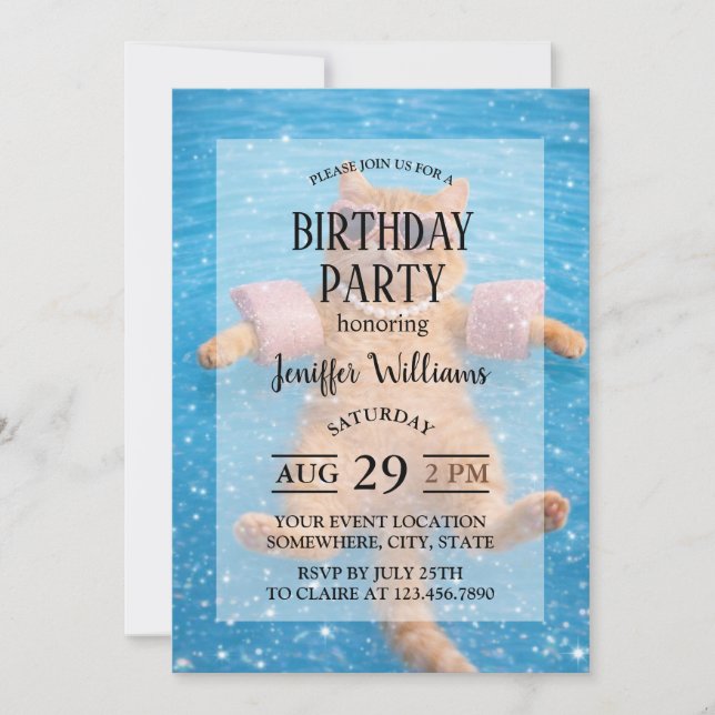    Glamourous Poolside Cat Floating In Style       Invitation (Front)
