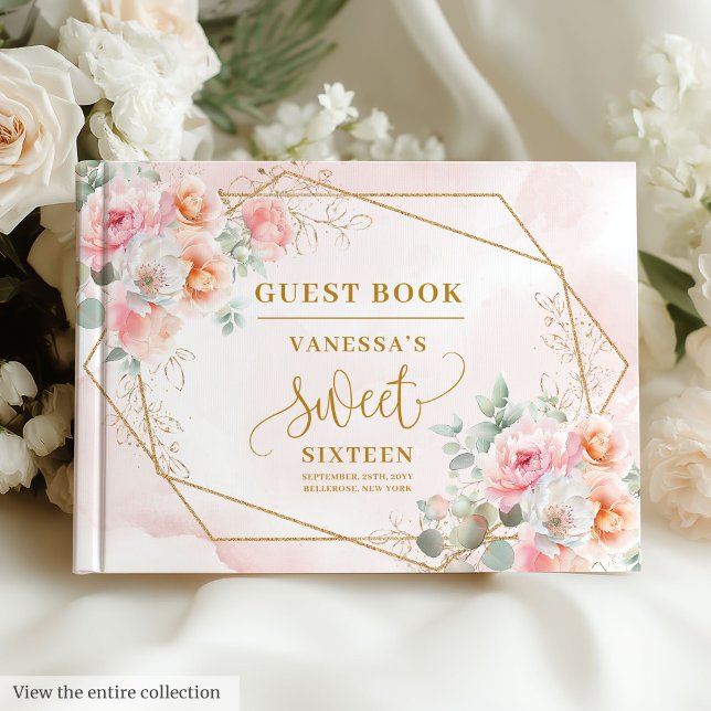 Glamourous Powder Pink Gold Flowers Sweet Sixteen Guest Book (Glamorous Powder Pink Gold Flowers Sweet 16 Guest Book)