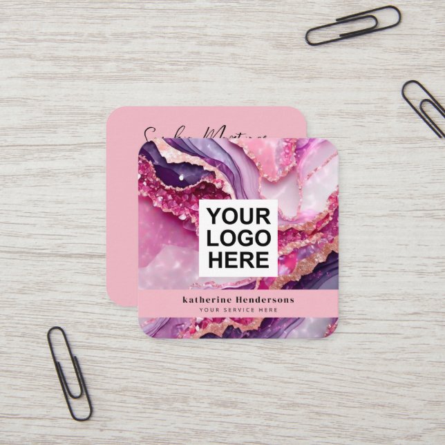 Glamourous purple agate & QR Code Logo Square Business Card (Front/Back In Situ)