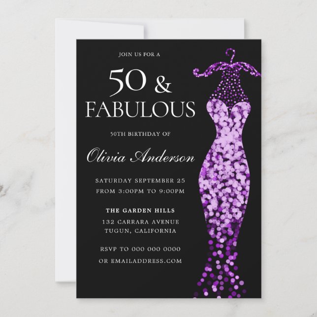 Glamourous Purple Dress Fabulous 50th Birthday Invitation (Front)