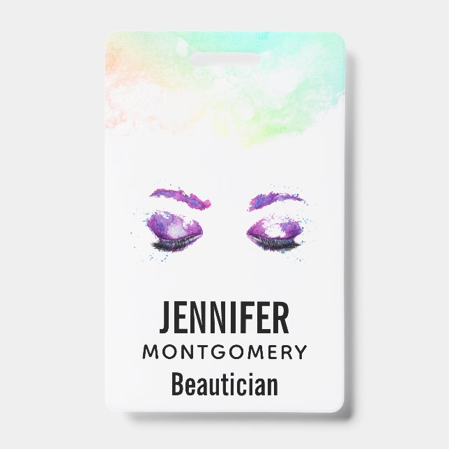 Glamourous Purple Eyes & Brows Watercolor ID Badge (Front)