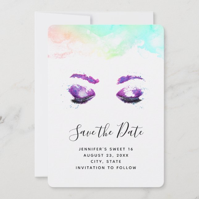 Glamourous Purple Eyes & Brows Watercolor Save The Date (Front)