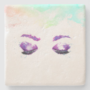 Glamourous Purple Eyes & Brows Watercolor Stone Coaster