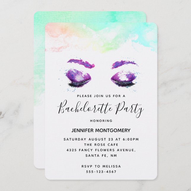 Glamourous Purple Eyes Watercolor Bachelorette Invitation (Front/Back)