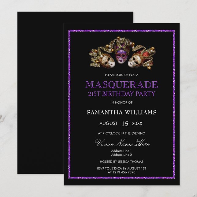 Glamourous Purple Glitter  Masquerade 21st Birthda Invitation (Front/Back)