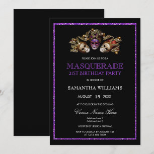 Glamourous Purple Glitter  Masquerade 21st Birthda Invitation