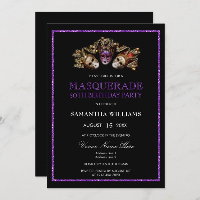 Glamourous Purple Glitter  Masquerade 50th Birthda Invitation (Front/Back)