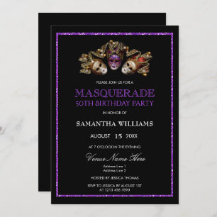 Glamourous Purple Glitter  Masquerade 50th Birthda Invitation