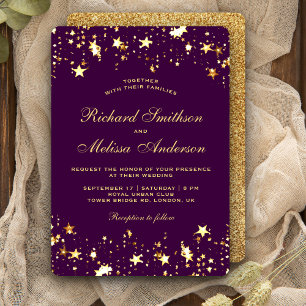 Glamourous Purple Gold Faux Glitter Stars Wedding Invitation