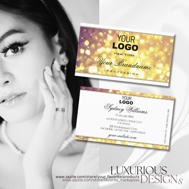 Glamourous Purple Gold Glitter Stars Logo White Business Card (Creator Uploaded)