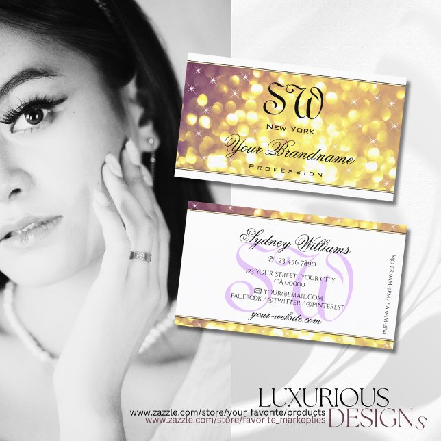 Glamourous Purple Gold Glitter Stars Monogram Whit Business Card (Creator Uploaded)