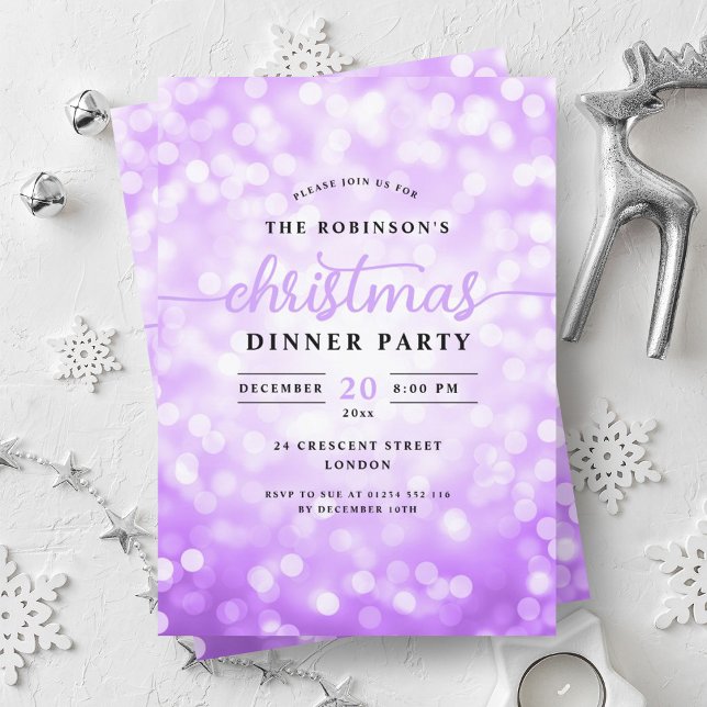 Glamourous Purple Lights Christmas Dinner Party  Invitation (Glamorous Purple Lights Christmas Dinner Party Invitation)