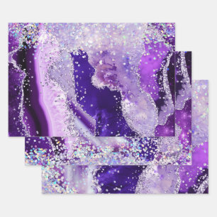 Glamourous Purple & Silver Faux Glitter Agate Wrapping Paper Sheet