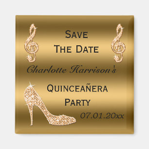 Glamourous Quinceañera Save The Date Gold Stilett Magnet