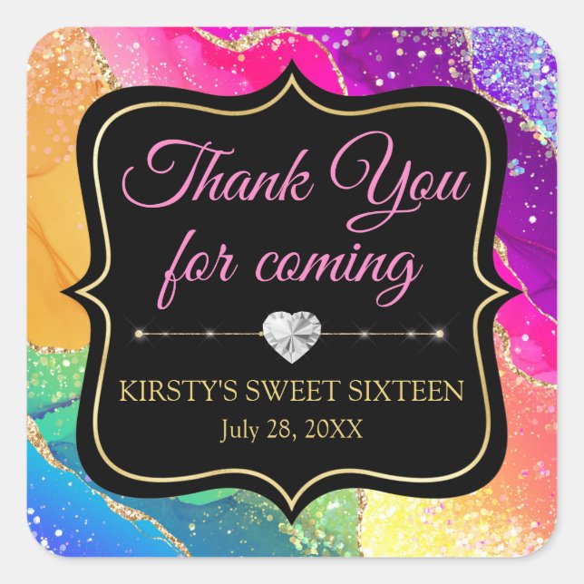 Glamourous Rainbow Alcohol Ink Agate Sweet 16 Square Sticker (Front)