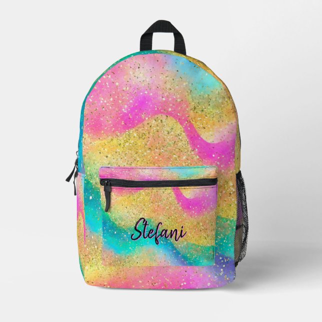 Glamourous Rainbow Alcohol Ink Splash Monogram Printed Backpack (Front)