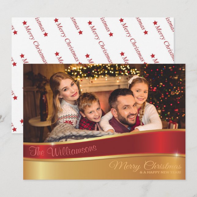 Glamourous Red and Gold Christmas Photo Holiday Card (Front/Back)