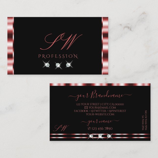 Glamourous Red Black Sparkling Diamonds Initials Business Card (Front/Back)