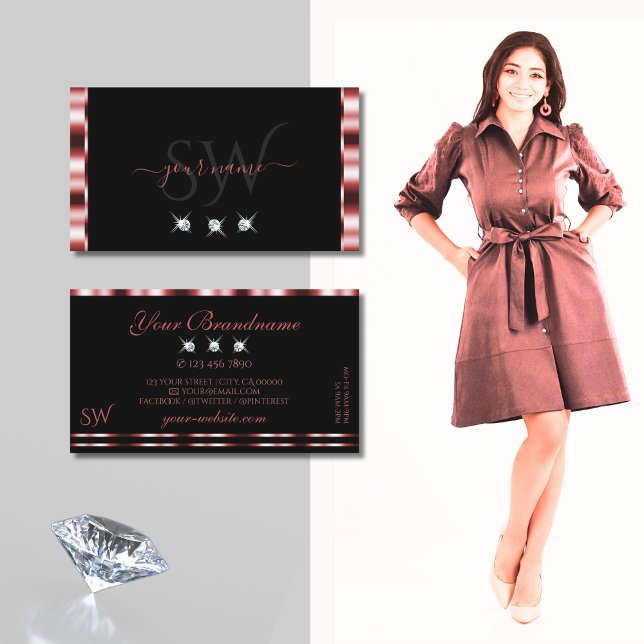 Glamourous Red Black Sparkling Diamonds Monogram Business Card (Creator Uploaded)