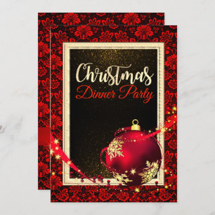 Glamourous Red Damask Christmas Dinner Invite