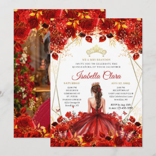 Glamourous Red & Gold Floral Princess Quinceanera  Invitation