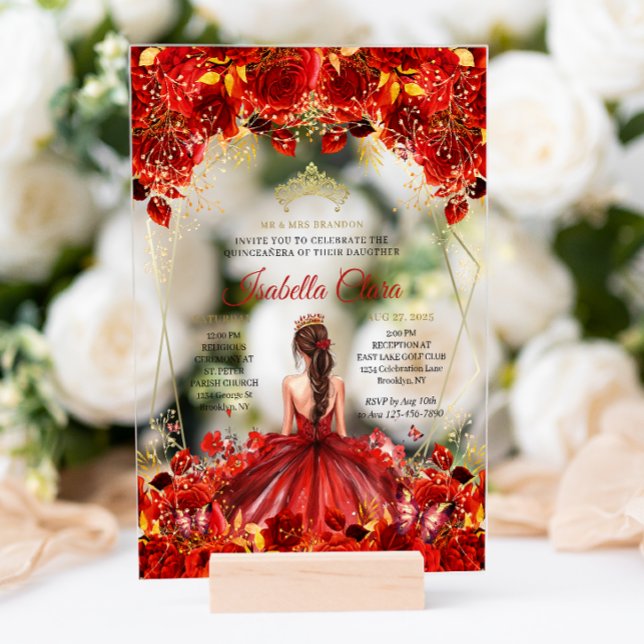 Glamourous Red & Gold Floral Quinceanera Acrylic Invitations (Creator Uploaded)