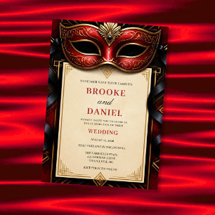 Glamourous Red Masquerade Art Deco Wedding Invitation