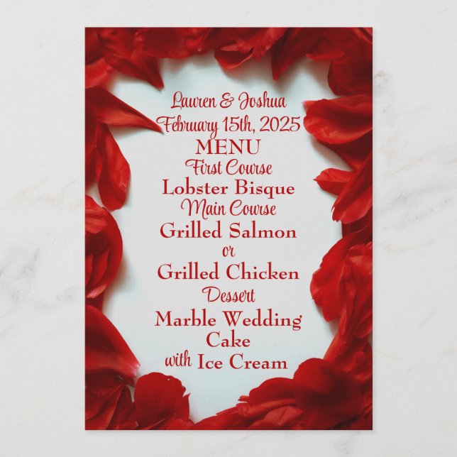 Glamourous Red Petals Wedding Menu (Front)