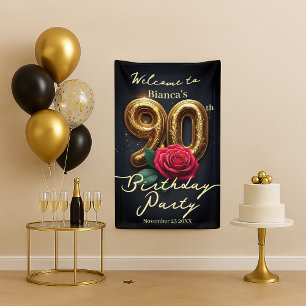 Glamourous Red Rose Golden Birthday 90th Welcome Banner