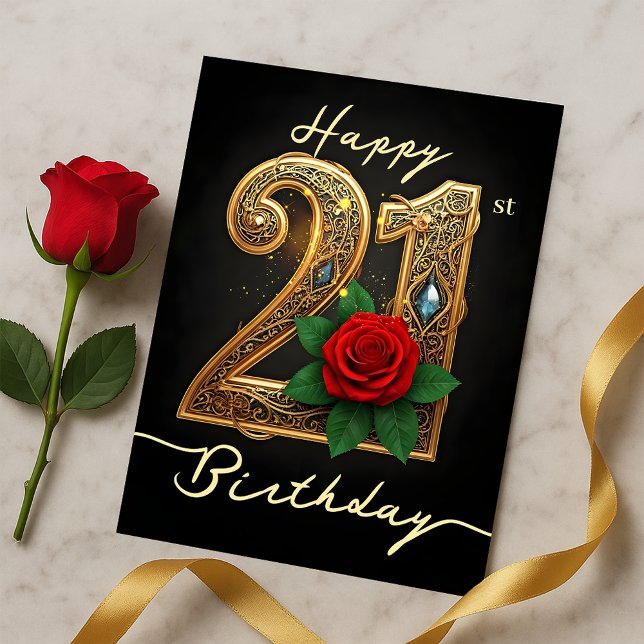Glamourous Red Rose Ornate Golden 21st Birthday  Postcard (Creator Uploaded)