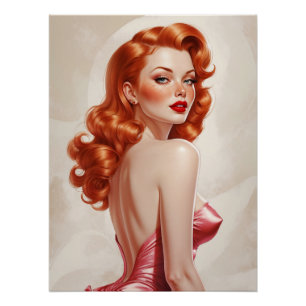 Glamourous Redhead Pin-Up Pink Dress  Poster