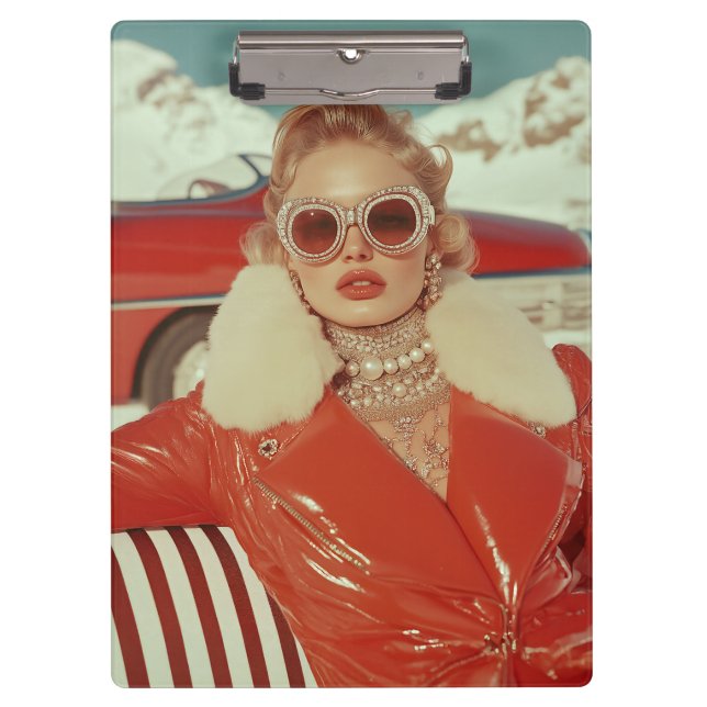 Glamourous Retro Winter Style in Alpine Setting Clipboard (Front)