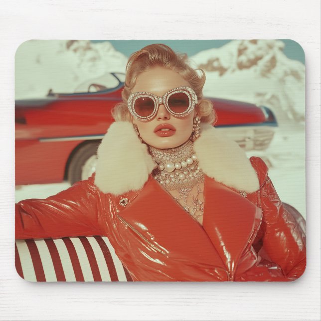 Glamourous Retro Winter Style in Alpine Setting Mouse Pad (Front)