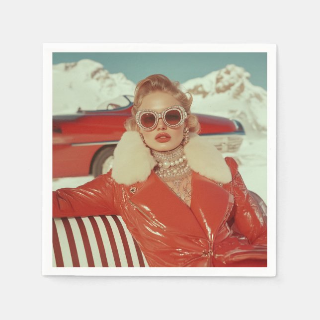 Glamourous Retro Winter Style in Alpine Setting Napkin (Front)